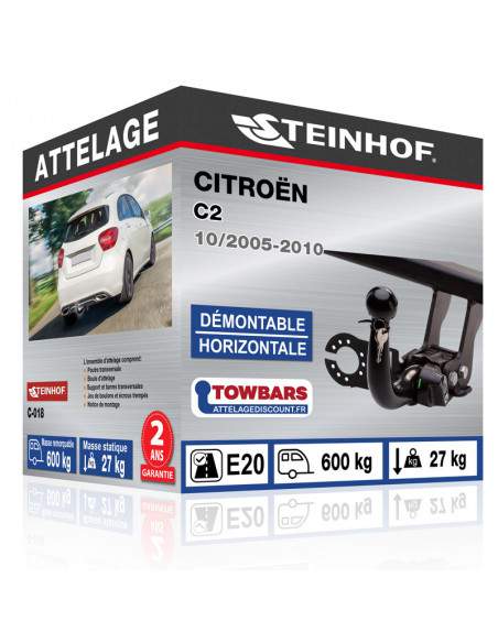 Crochet d'attelage Citroën C2 “col de cygne“ démontable horizontale sans outils